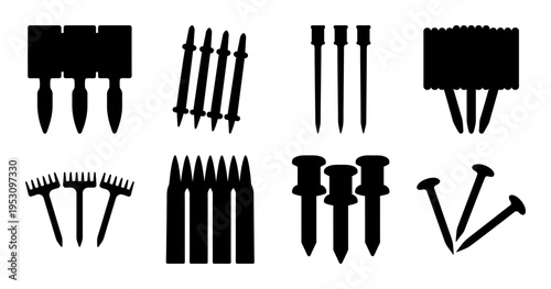 Variety of Fasteners in Silhouette Featuring Nails, Tacks, Pushpins, and More