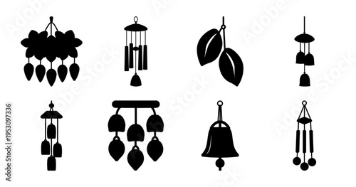 Collection of varied wind chime designs in solid black silhouette vector