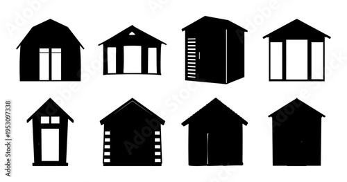 Collection of Eight Small House Silhouettes with Various Roof Styles and Window Openings