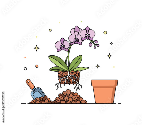 Orchid repotting process compact scene of an orchid gently lifted above fresh bark substrate with a small scoop and new pot nearby. A practical editorial