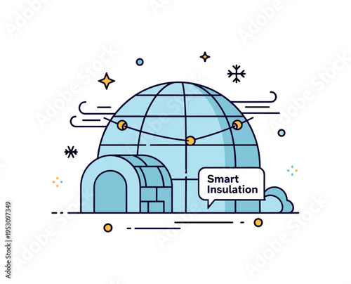 Eco friendly winter shelter design featuring an igloo reinforced with subtle structural lines and a compact wind barrier. A small ?Smart Insulation? text
