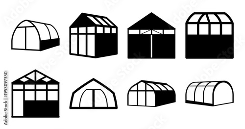 Black and white illustrations of various greenhouse structures on a white background