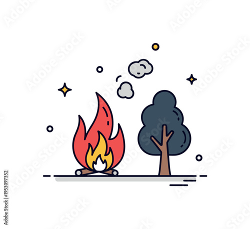 Wildfire danger stylized flame shapes approaching a tree silhouette with small smoke accents above. A bold micro scene expressing environmental risk and