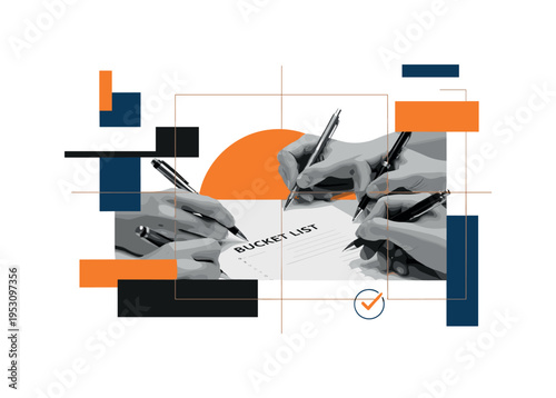 Black and white close-up of multiple hands holding pens over a bucket list page, bright orange semicircle rising behind like an inspiring sunrise, intersecting