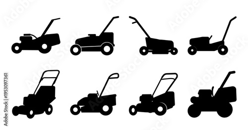 Assortment of Lawn Mower Silhouettes, representing different types and models for lawn care