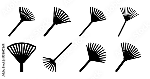 Silhouetted leaf rakes set, a collection of gardening tool icons in vector