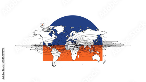Black and white map outline with arrows extending outward from a central climate-affected zone, bold blue semicircle behind upper area suggesting planetary
