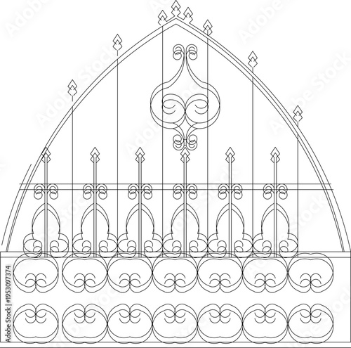 Technical architectural elevation drawing showing ornate Gothic-style wrought iron gate or fence panel with arched top, decorative finials and elaborate scrollwork.