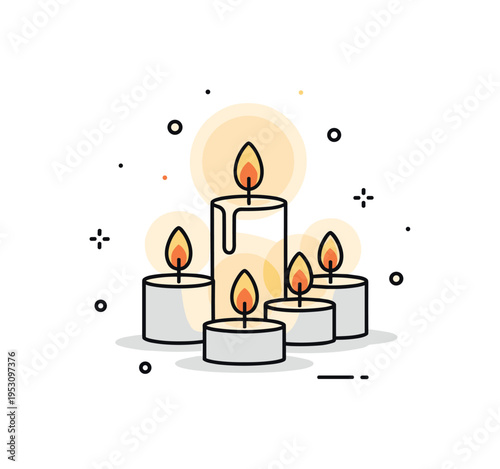 Flickering candles arranged in a small cluster with soft glowing halos around each flame, creating a warm and intimate evening atmosphere. The