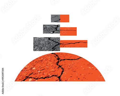 Monochrome close-up of asphalt street with visible texture and heat shimmer effect, intersected by a large orange semicircle and abstract rectangular blocks