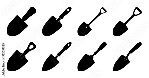 Collection of various gardening trowels in black silhouette on white background