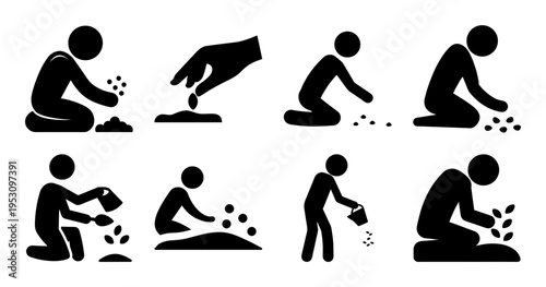 Black Pictograms Showing Different Stages and Methods of Planting and Gardening