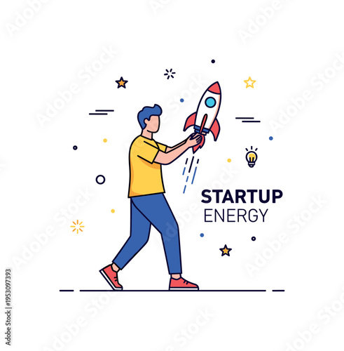 Young entrepreneurs movement shown by a single youthful figure holding a small rocket model with subtle launch spark accents. A compact ?Startup Energy?