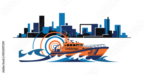 Monochrome emergency boat cutting through stylized geometric waves, circular halos representing alert signals, flat rectangular blocks forming