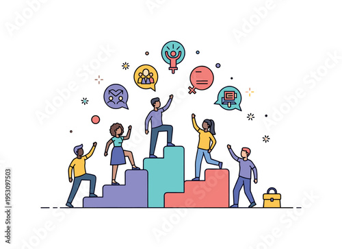 Diverse people climbing abstract steps together with empowering icons above, illustrating progress, inclusion, and gender equality in a professional or social