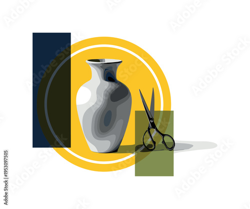 Conceptual still life theme featuring a monochrome vase centered inside a bold yellow circular frame, artist?s scissors subtly placed beside it, abstract green