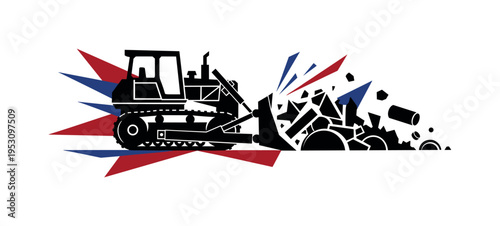 Black and white bulldozer pushing forward with debris simplified into angular geometric shards, sharp semicircles and cylindrical forms structuring the