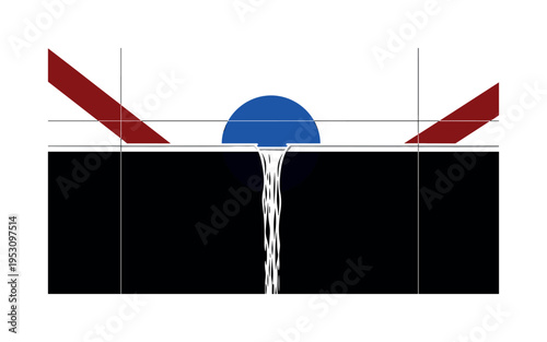 Black and white waterfall countertop edge cascading vertically, bold cobalt blue circle centered behind the drop line, deep red angular shapes intersecting