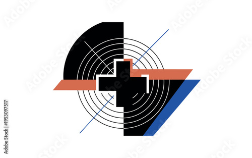 Black and white hospital cross symbol partially obscured by bold geometric shapes and asymmetrical flat blocks, concentric circles behind