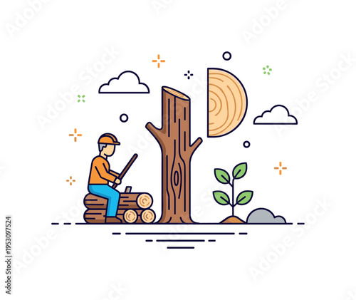Sustainable forestry management shown by a logger beside a partially cut tree with a small sapling growing nearby, symbolizing balance between wood production