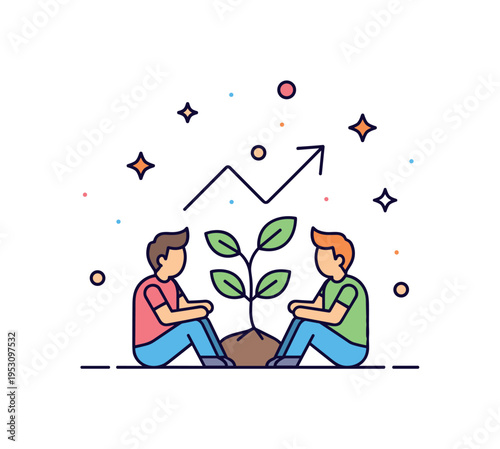 Growing together small plant sprouting between two seated friends with upward arrow accent. A symbolic concept badge about personal development nurtured by
