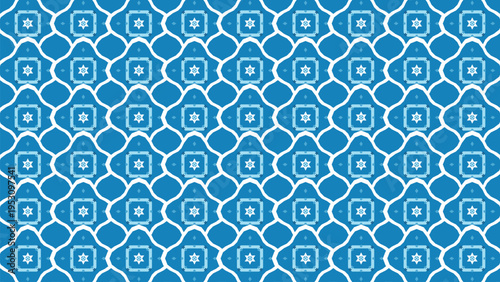 Seamless blue and white geometric pattern vector background with repeating Star of David motifs and abstract shapes, ideal for Jewish holiday designs, textile prints, and digital graphics.