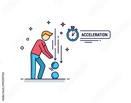 Free fall physics scene centered on a figure dropping a ball with clear downward motion lines. A tiny stopwatch icon and a ?Acceleration? text accent