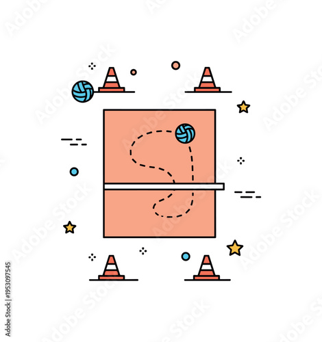 Volleyball practice drill layout shown as a simplified court with cone markers and a ball path indicated by dotted lines. A clean badge style illustration
