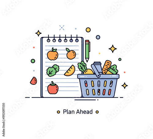 Healthy meal planning scene highlighting a notepad with simple food icons and a grocery basket beside it, expressing preparation and mindful choices. A small