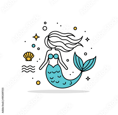 Mermaid underwater legend featuring a simplified mermaid silhouette with flowing hair and a small seashell and wave elements nearby, expressing ocean mystery