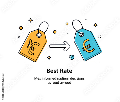 Currency conversion rate comparison theme featuring two price tags with different currency symbols connected by a bold arrow. A short ?Best Rate? caption and