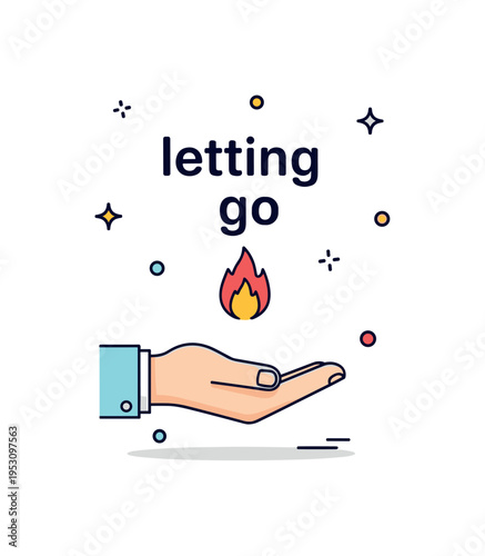 Letting go ritual simple letter held above a small flame, steady hand symbolizing intentional release rather than destruction. A calm concept badge about