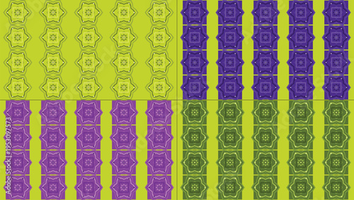 Set of 4 seamless geometric patterns vector with star and square shapes in vibrant lime green and deep purple, ideal for modern digital backgrounds, web design, and textile prints.