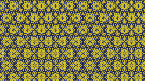 Seamless vector pattern with intricate yellow star-like floral motifs and dark blue geometric lattice, ideal for textile design, digital backgrounds, web banners