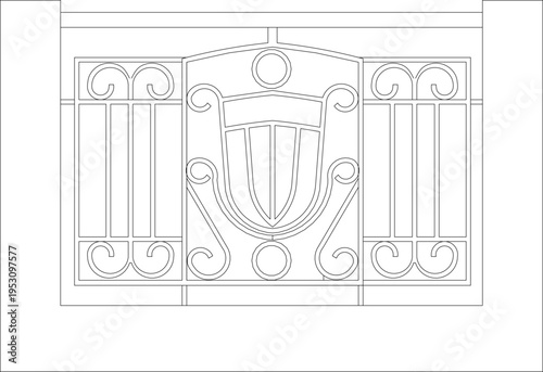 Technical architectural elevation drawing showing ornate decorative gate or door panel with symmetrical scrollwork, classical motifs and shield-shaped central element.