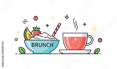 Healthy brunch choice depicted by a bowl of fruit and yogurt paired with a cup of tea, complemented by subtle leaf accents to emphasize freshness and balance.