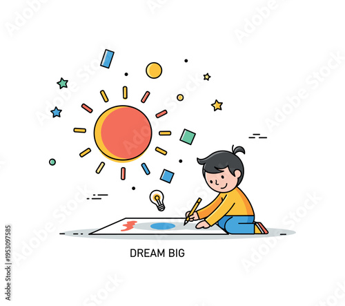 Children's creativity and pure uninhibited imagination expressed through a child drawing a large colorful sun that transforms into real floating shapes above