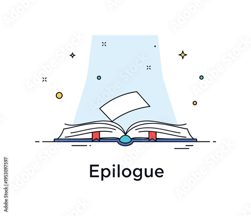 Epilogue scene with an open book resting on a table, soft light illuminating the last pages, evoking reflection, closure, and the end of a story. Minimalist