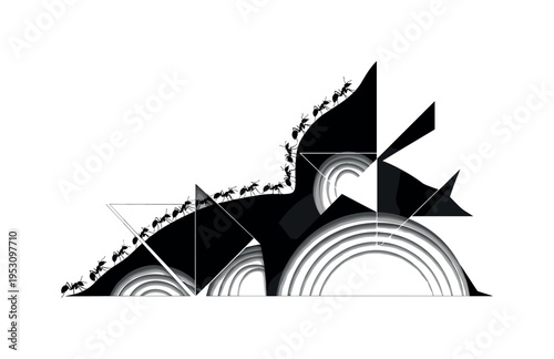 A monochrome silhouette of ants forming a structured line across a mound, bold intersecting geometric shapes dividing the composition into balanced sections,