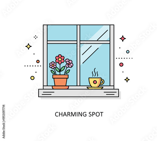 Cafe window display illustration showing a small pot of flowers on the sill and cup on the ledge. Subtle sparkle lines and a ?Charming Spot? caption