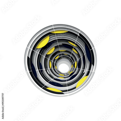 Black and white tunnel perspective receding into a hollow circular void, structured cylindrical forms and thin grid overlays amplifying depth, bright yellow