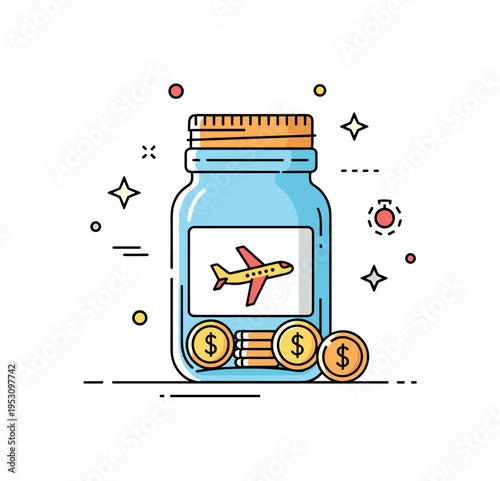 Vacation savings jar clear jar with coins and a small airplane icon on the front, expressing planning for travel and future adventures. A bright editorial icon