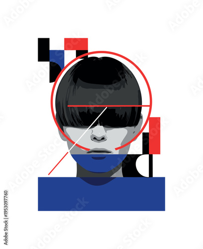Black and white frontal portrait with thick bangs partially covering eyes, bright red circular frame intersecting the fringe area, deep blue rectangular block