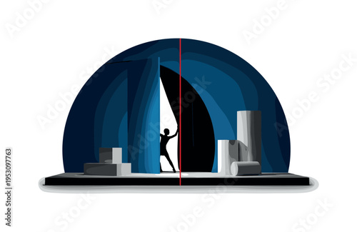 Black and white curtain partially open revealing dancer silhouette, large deep blue semicircle framing performance space, thin red vertical line dividing