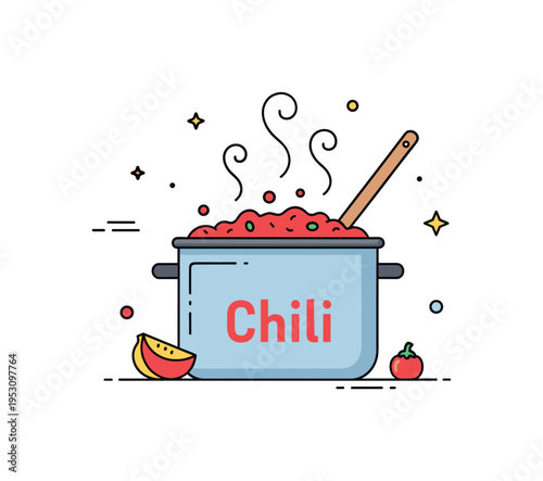 Big pot of chili simmering large cooking pot filled with rich chili placed at the center with gentle steam curls rising above, expressing warmth and comfort