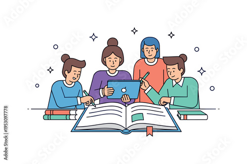 University teamwork session showing students collaborating over a large open textbook and tablet device. Clean geometric shapes and subtle sparkle accents