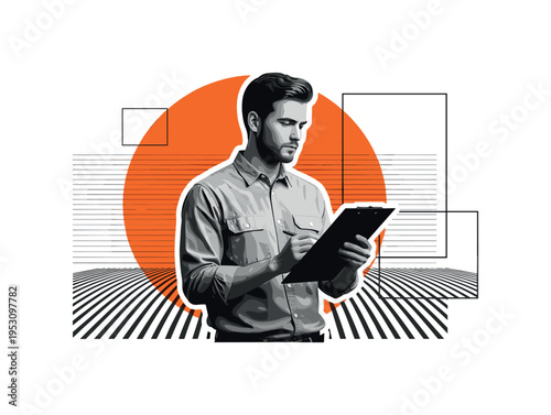 Black and white realistic portrait of an agronomist holding a clipboard and examining crops, placed slightly off-center, layered with a bold orange circle