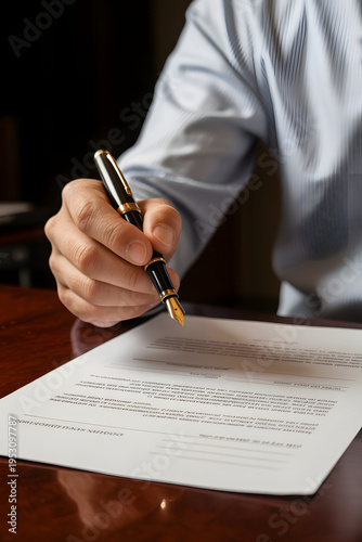 Mans hand signing document with fountain pen close-up on contract or agreement professional business concept.