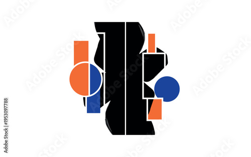 A monochrome silhouette split vertically into two equal halves, abstract rectangular and circular forms overlapping both sides evenly, flat contrasting accents