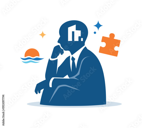 Post-exit identity shift shown as a business silhouette with a missing puzzle piece shaped like a company logo. A calm conceptual metaphor for grief,